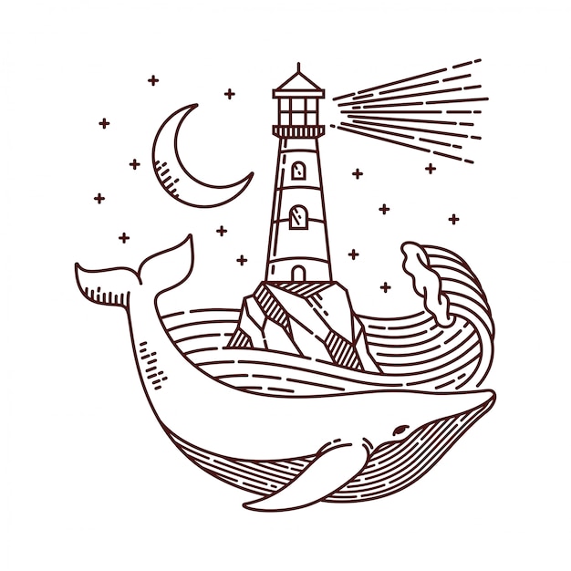 Vecteur illustration de ligne baleine et phare