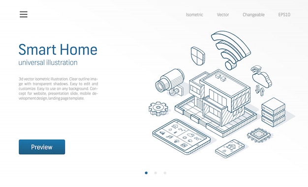 Illustration De Ligne Isométrique Smart Home. Maison De La Technologie, Réseau De Vidéosurveillance De Contrôle, Icônes Dessinées De Croquis D'entreprise De Bâtiment D'architecture Moderne. Système D'automatisation, Concept Iot.