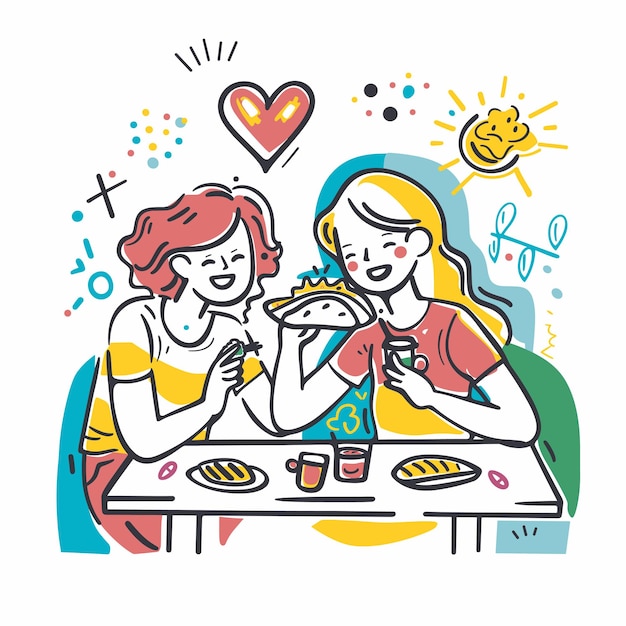 Vecteur illustration en ligne de meilleurs amis partageant des tacos avec joie pendant l'été