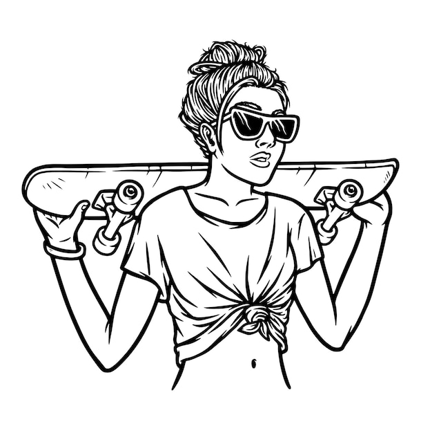 Illustration De Ligne De Skateboarder Belle Femme