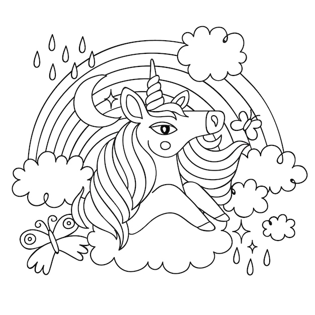 Vecteur illustration de livre de coloriage licorne dessiné à la main