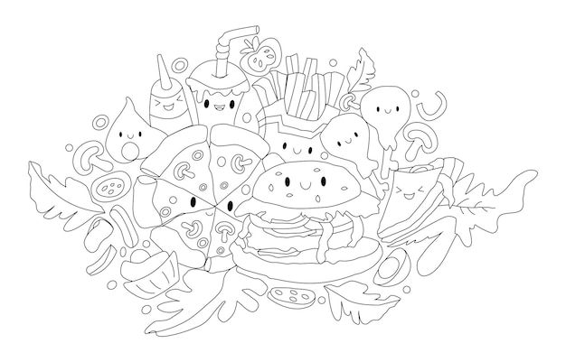 Illustration de livre de coloriage de nourriture dessinée à la main par Kawaii