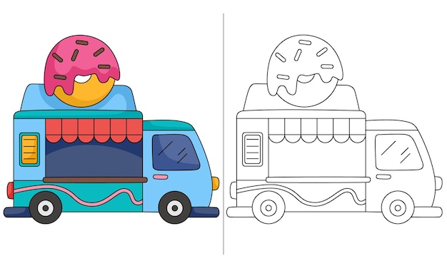 Vecteur illustration de livre de coloriage pour enfants donut foodtruck bleu