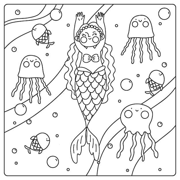 Vecteur illustration de livre de coloriage de sirène dessinée à la main