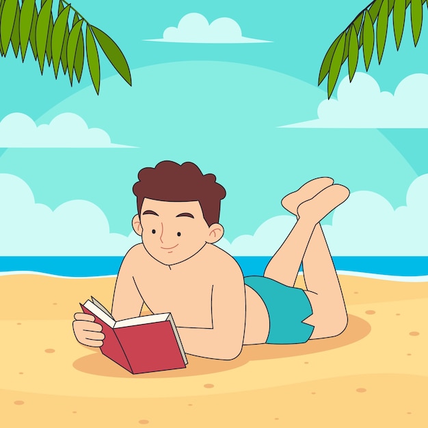 Vecteur illustration de livres de lecture d'été dessinés à la main avec un homme sur la plage