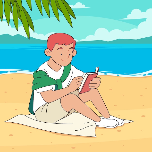 Vecteur illustration de livres de lecture d'été dessinés à la main avec un homme sur la plage