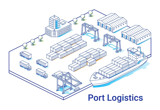 Vecteur illustration de la logistique portuaire dans un style isométrique linéaire. ligne d'art minimale. concept avec navire, conteneurs, grues et autres bâtiments.