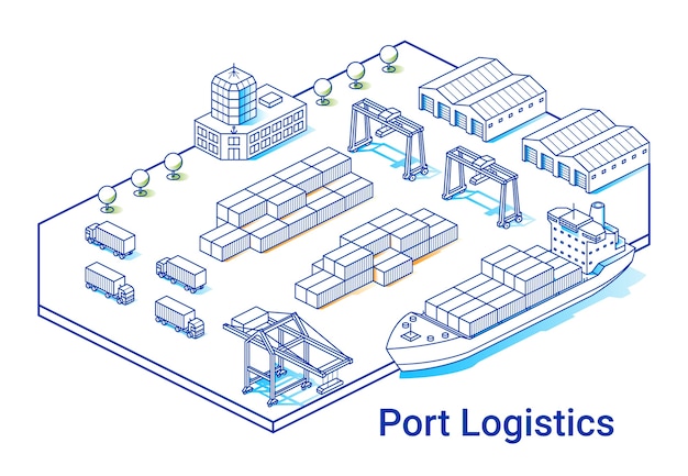 Illustration De La Logistique Portuaire Dans Un Style Isométrique Linéaire. Ligne D'art Minimale. Concept Avec Navire, Conteneurs, Grues Et Autres Bâtiments.