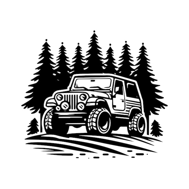 illustration de logo dessiné à la main rustique d'une voiture hors route