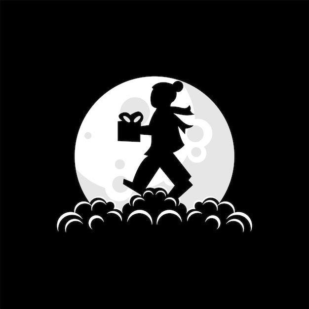 Illustration De Logo D'enfant Apportant Des Cadeaux De Noël Sur Le Vecteur De Lune