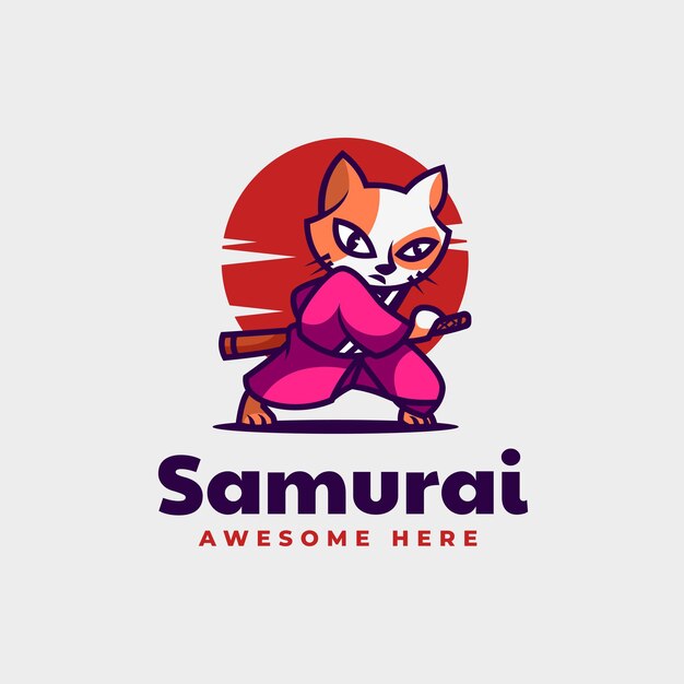 Illustration Logo Vectoriel Chat Samouraï Mascotte Style Dessin Animé