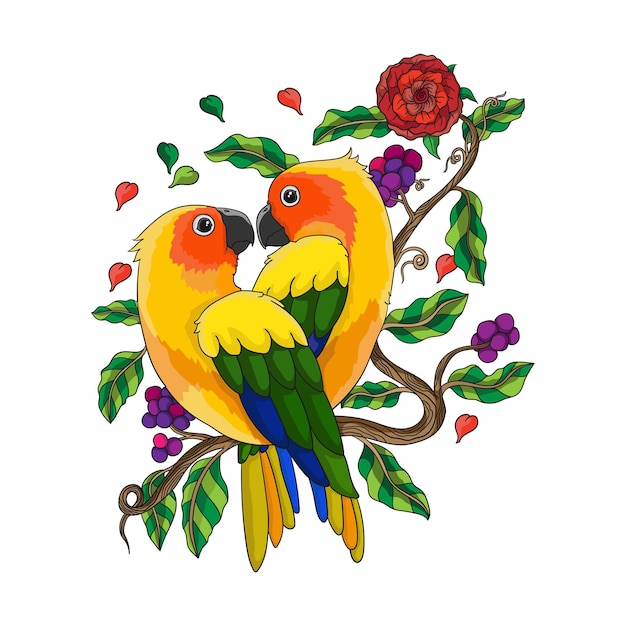 Illustration De Love Birds Perché Sur Une Branche D'un Arbre Formant Une Forme De Coeur, Happy Valentine's