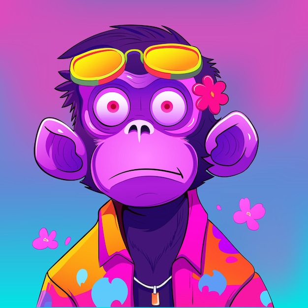 Vecteur illustration lumineuse d'un singe dans des lunettes de soleil et une chemise de plage avec des fleurs fourrure à volants violet grands yeux roses oreilles rondes pendentif cou dessin animé mignon accrocheur