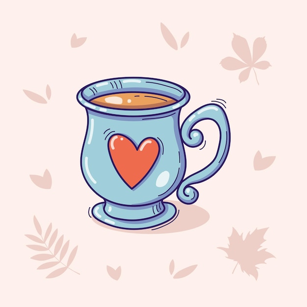 Illustration Lumineuse D'une Tasse Exquise De Thé Ou De Café Avec Coeur En Style Doodle Isolé Sur Un Fond Clair Avec Des Feuilles D'automne