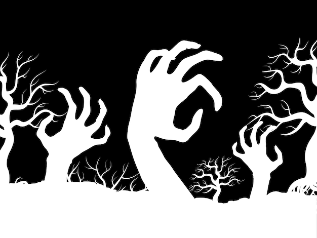 Illustration De Mains De Zombi D'horreur Blanc Et Silhouettes D'arbre