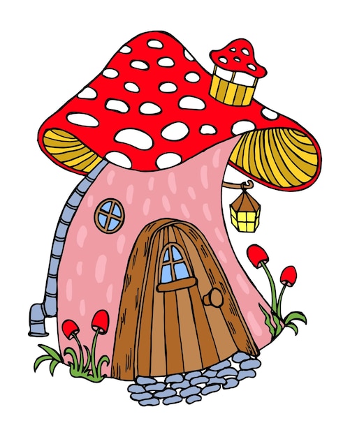 Illustration Maison De Champignon Magique Dessinée à La Main Avec Porte Et Fenêtre Impression Pour Enfants