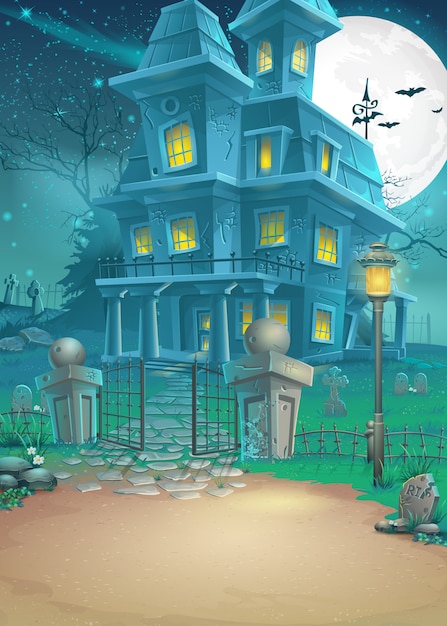 Vecteur illustration d'une maison hantée par une nuit de pleine lune