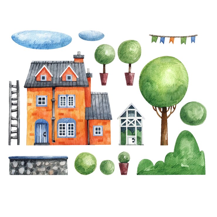 Illustration d'une maison, d'une serre, d'un arbre, d'un buisson, de nuages et d'une clôture dessinée à la main à l'aquarelle. Ensemble d'éléments isolés sur une architecture de fond blanc et ses environs.