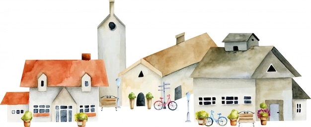 Vecteur illustration de maisons anciennes européennes aquarelles, rue de la vieille ville