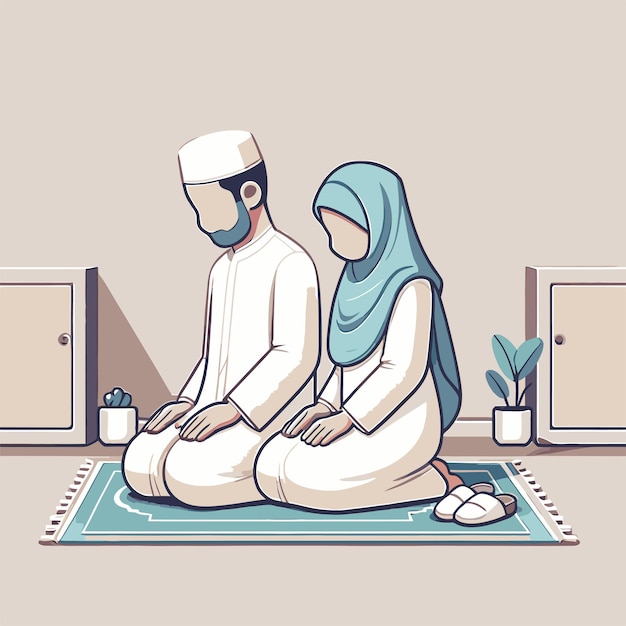 Vecteur illustration d'un mari et d'une femme accomplissant la prière islamique