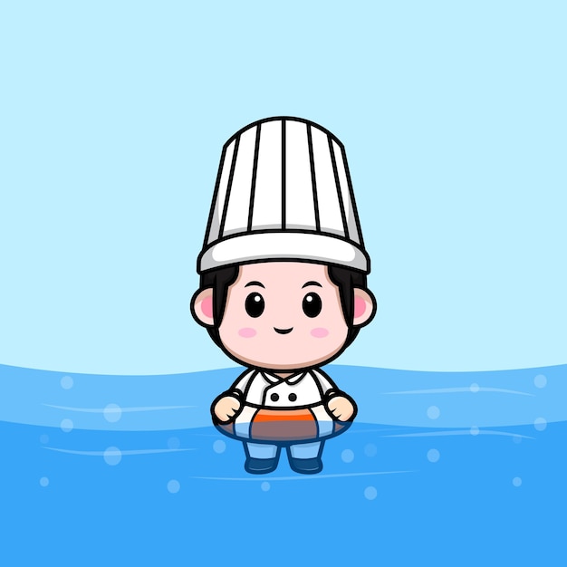 Illustration De Mascotte De Dessin Animé Mignon Chef Masculin Natation