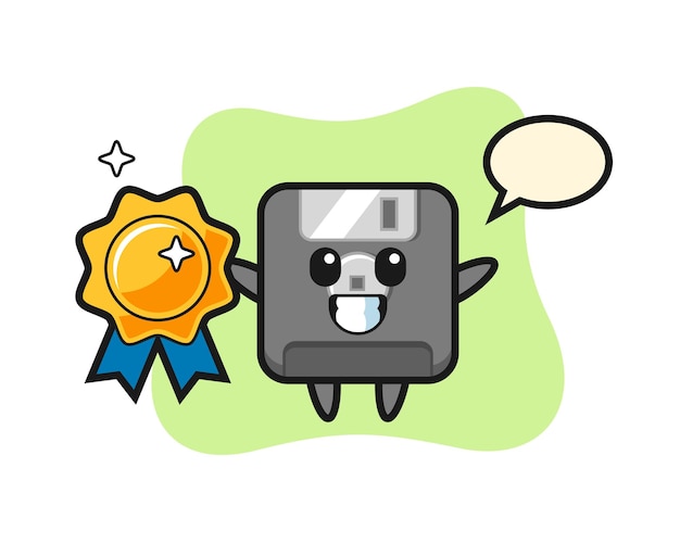 Illustration De Mascotte De Disquette Tenant Un Badge Doré