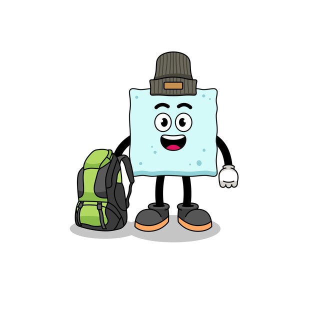 Illustration de la mascotte du cube de sucre en tant que personnage de randonneur