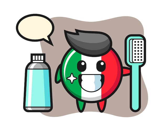 Illustration De La Mascotte De L'insigne Du Drapeau Italien Avec Une Brosse à Dents, Style Mignon, Autocollant, élément De Logo