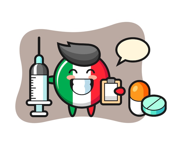 Vecteur illustration de la mascotte de l'insigne du drapeau italien en tant que médecin, style mignon, autocollant, élément de logo