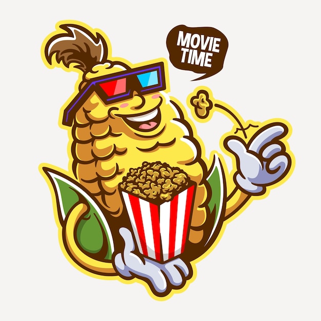 Vecteur illustration de la mascotte de maïs mangeant du pop-corn