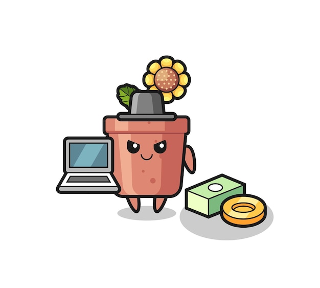 Illustration De Mascotte De Pot De Tournesol En Tant Que Pirate Informatique, Conception De Style Mignon Pour T-shirt, Autocollant, élément De Logo