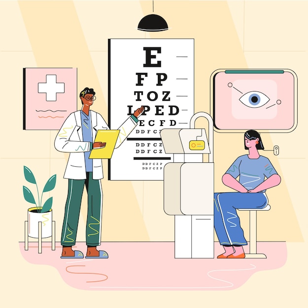Une illustration d'un médecin et d'une femme avec une carte des yeux