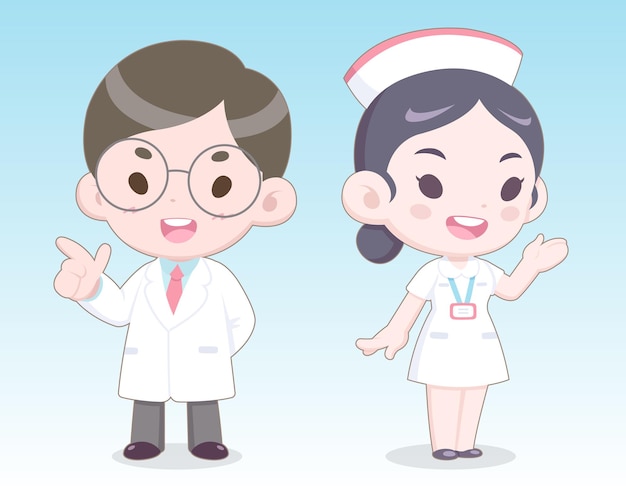 Illustration De Médecin Et Infirmière De Style Dessin Animé Mignon