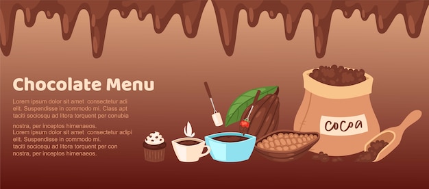 Vecteur illustration de menu brun chocolat boutique. web avec bordure de flux de liquide fondu au chocolat, fèves de cacao naturelles, boisson chaude au cacao dans une tasse et gâteau au sucre