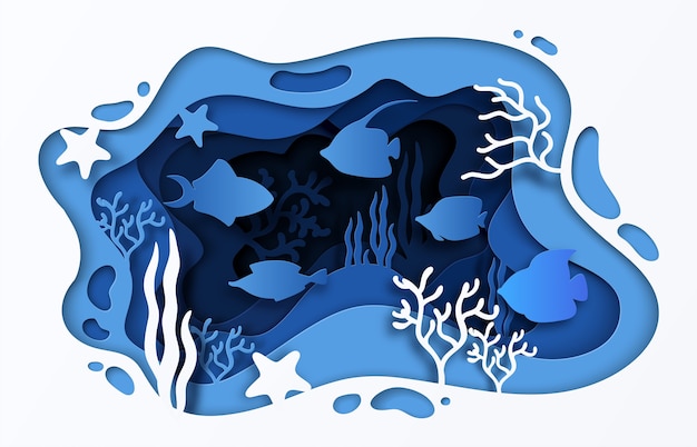 Vecteur illustration de la mer découpée en papier. récif corallien de l'océan sous-marin avec poissons vagues et algues,