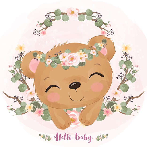 Vecteur illustration de mignon bébé ours et fleurs de printemps