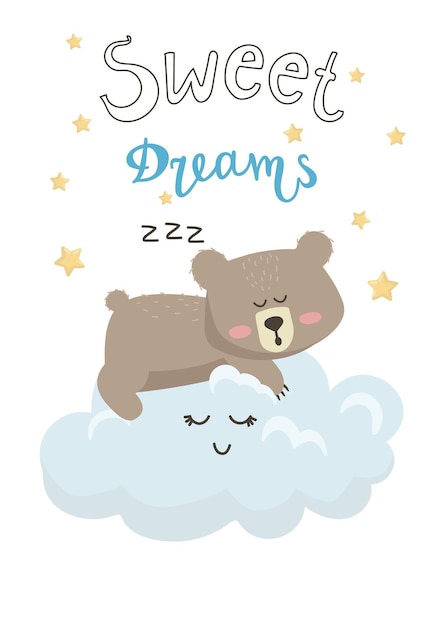 Vecteur illustration d'un mignon dessin animé garçon ours dormant sur un nuage avec le lettrage sweet dreams