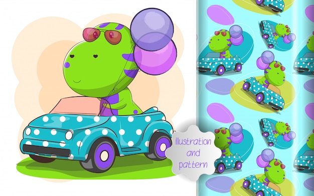 Illustration De Mignon Dino Monter Une Voiture Et Un Motif