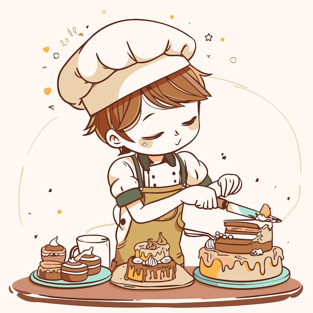 Vecteur illustration d'un mignon petit garçon déguisé en chef décorant un gâteau