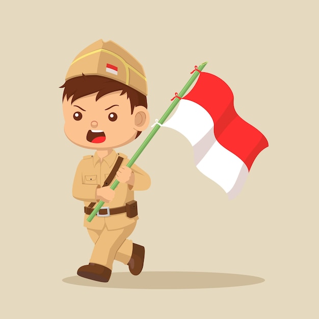 Vecteur illustration d'un mignon petit garçon tenant le drapeau indonésien avec enthousiasme