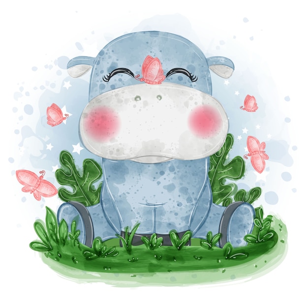 Illustration Mignonne De Bébé Hippopotame Asseoir Sur L'herbe Avec Papillon