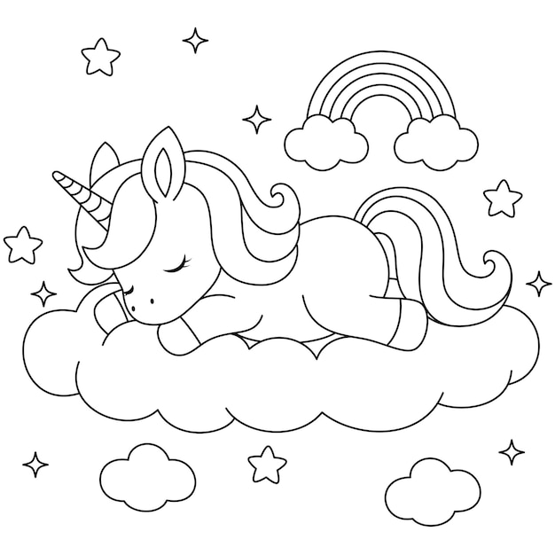Illustration d'une mignonne licorne kawaii endormie page à colorier dessin animé vectoriel en noir et blanc