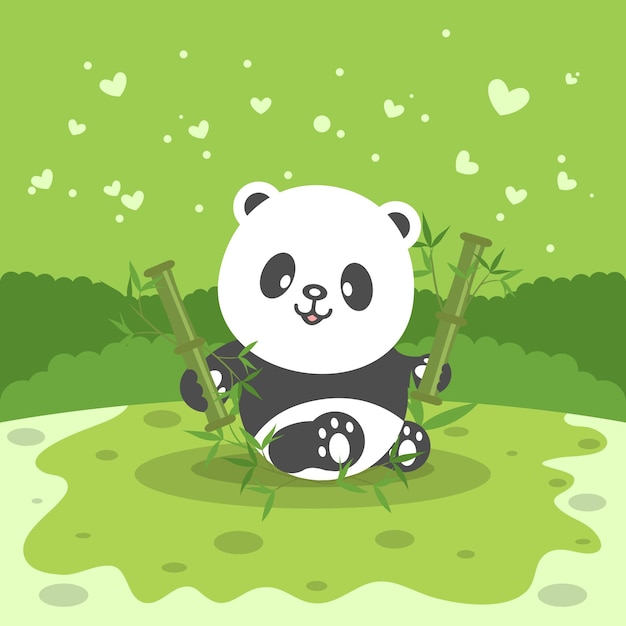 Illustration Mignonne De Panda De Personnage De Dessin Animé Mangeant Du Bambou Avec Fond De Concept De Ton Vert