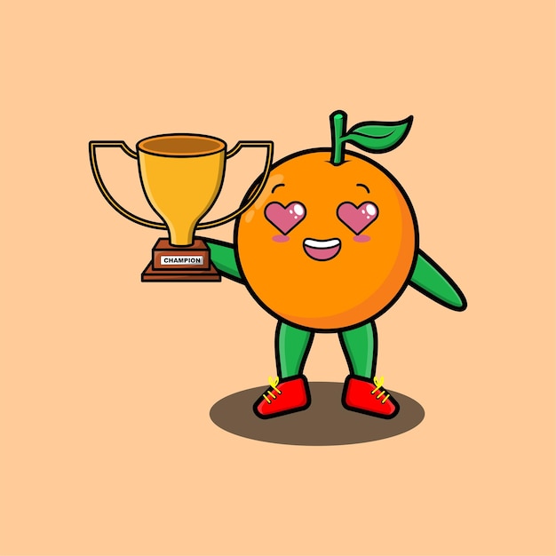 L'illustration Mignonne De Personnage De Dessin Animé D'orange Tient Le Trophée D'or Avec Un Geste Heureux