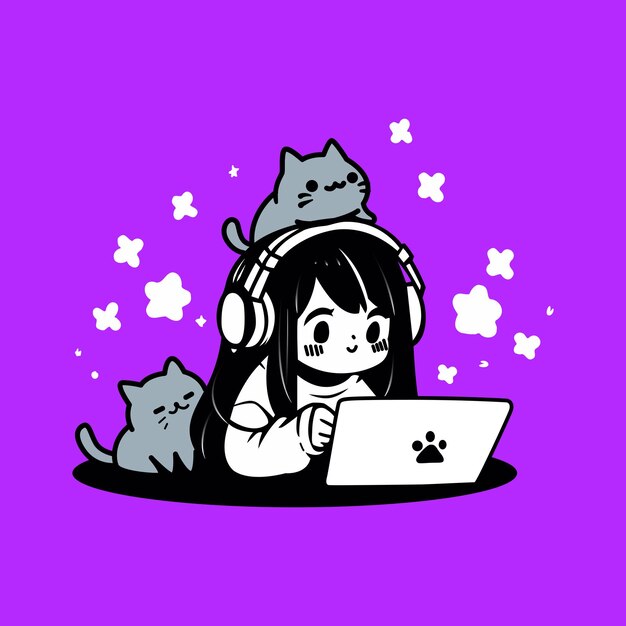 Vecteur illustration d'une mignonne petite fille avec un ordinateur portable portant un casque et entourée d'un chat adorable sur fond violet