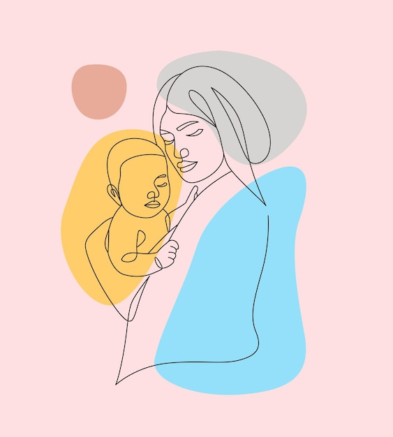 Vecteur illustration minimale dessinée à la main de la mère et de l'enfant dessin de style d'une ligne pour la fête des mères