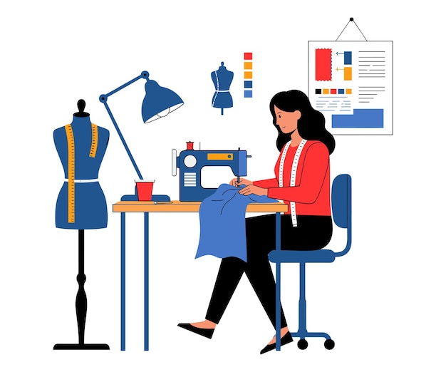 Illustration minimaliste d'un créateur de mode coudant dans un espace de travail moderne