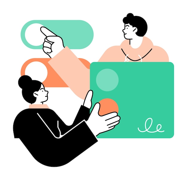 Illustration minimaliste de deux personnes engagées dans un projet de collaboration pointant et discutant
