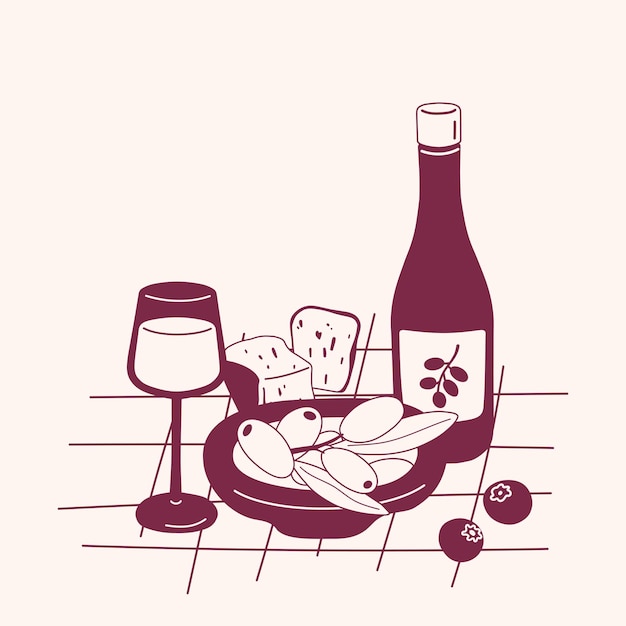Illustration minimaliste d'un pique-nique avec du vin et des collations traditionnelles