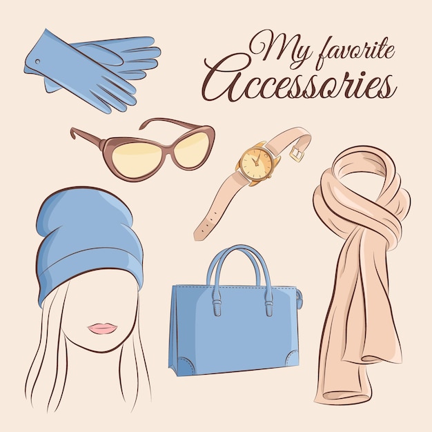 Vecteur illustration de mode de l'accessoire gants de fille lunettes de soleil montre de poignet sac à main foulard de chapeau tricoté